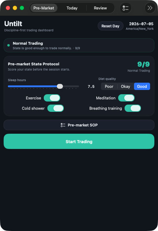 Untilt premarket screen where a trader sets today's clearance mode before the open.